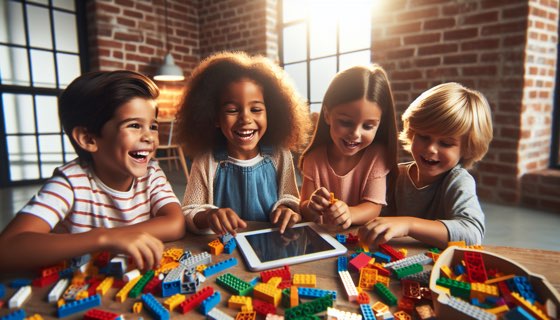 Students building with LEGO bricks in a modern classroom, demonstrating hands-on STEM learning that meets global standards